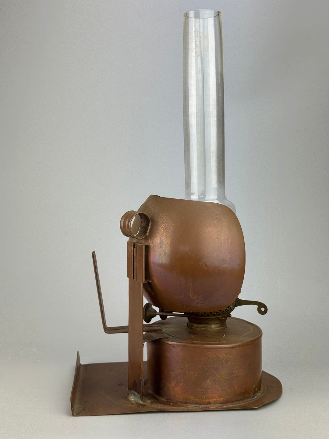 Lampada ad Olio Duplex in rame con campana vetro E. Lebrecht e figli