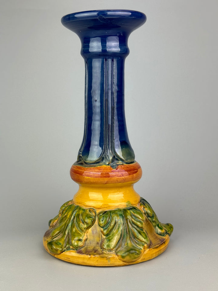 Grande portacandela vintage in ceramica policroma blu cobalto e decori fogliati