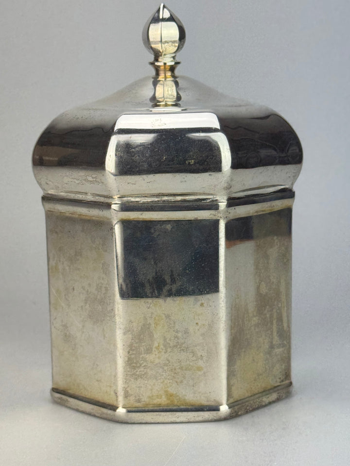 Barattolo ottagonale porta tè vintage in silverplate Olri