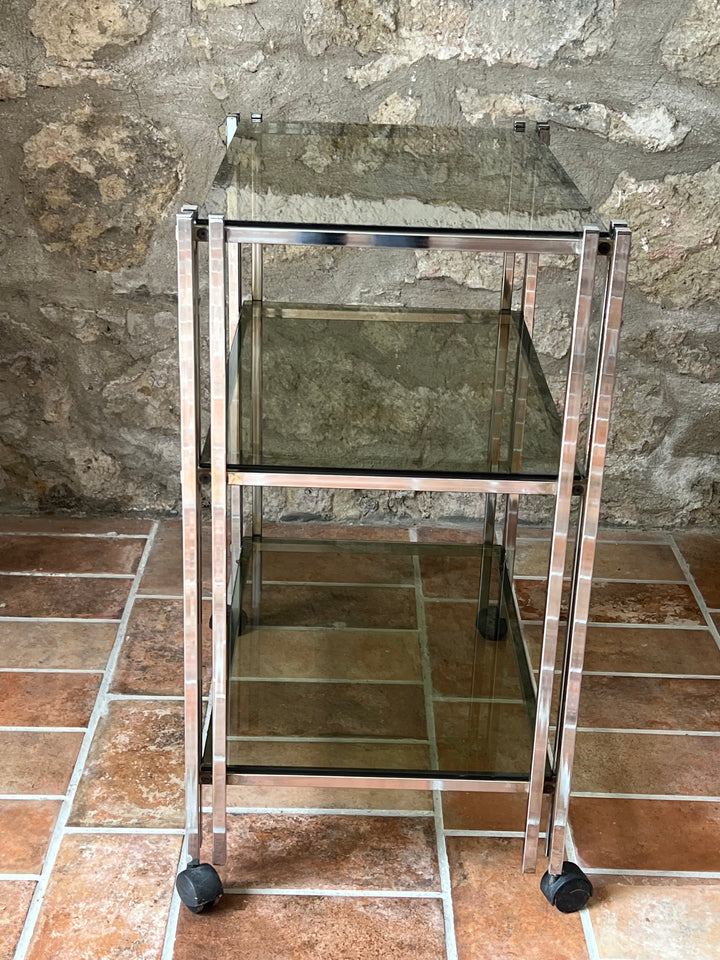 Carrello vintage in acciaio e vetro fumé – Anni '70