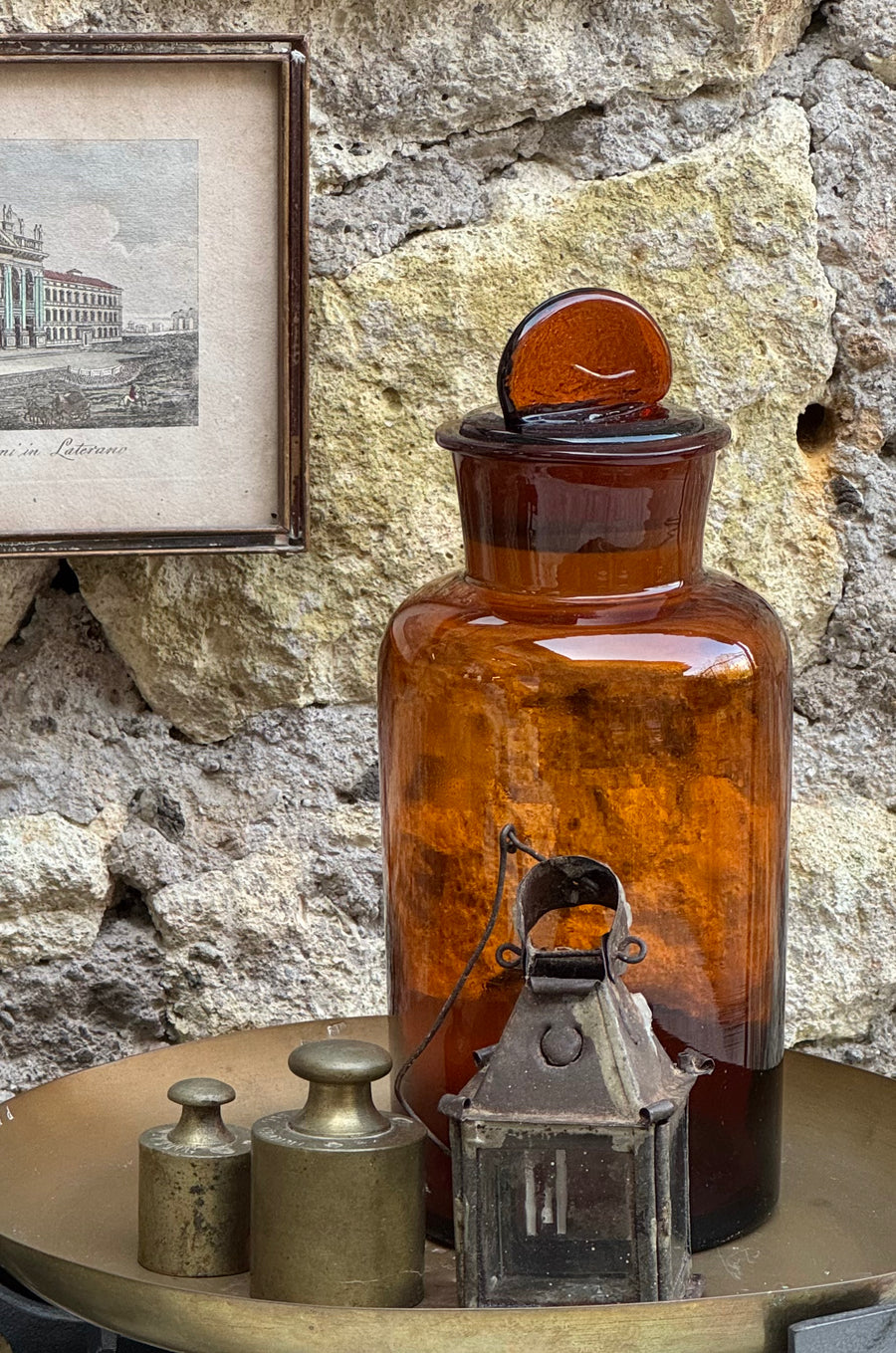 Bottiglia da farmacia vintage in vetro ambra con tappo originale