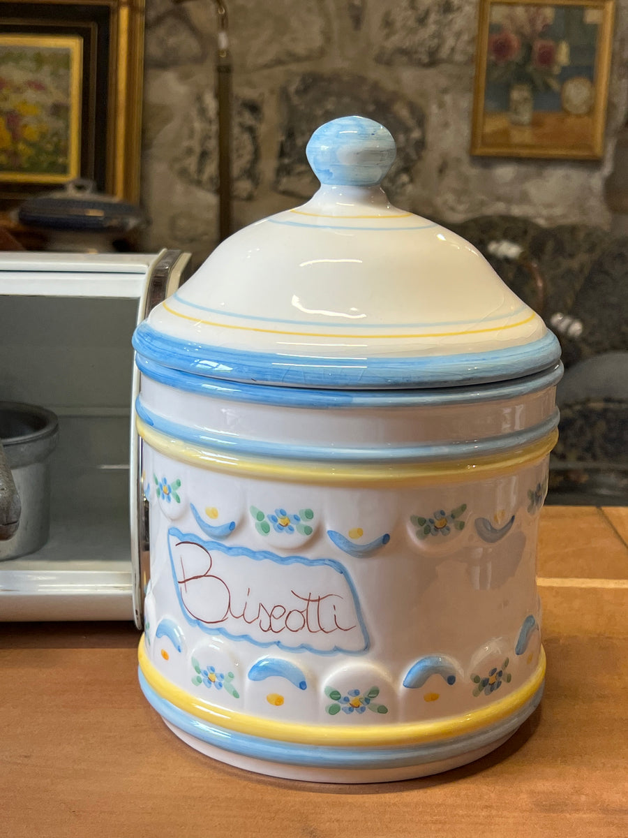 Barattolo portabiscotti in porcellana bianca decorata con scritta e fiori