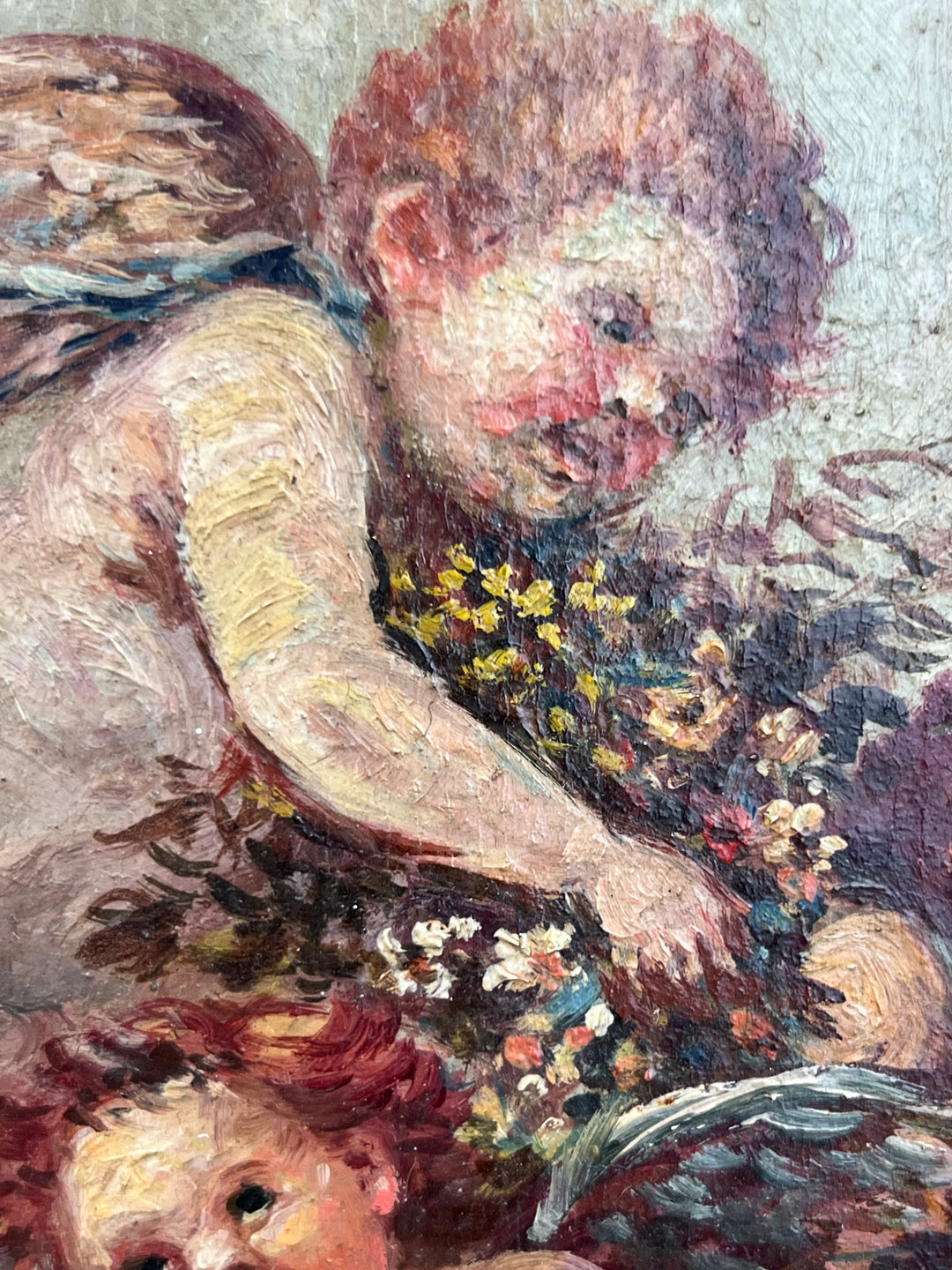 Quadro Ovale con Putti – Olio su Tela in Cornice Verde Dorata, Vintage