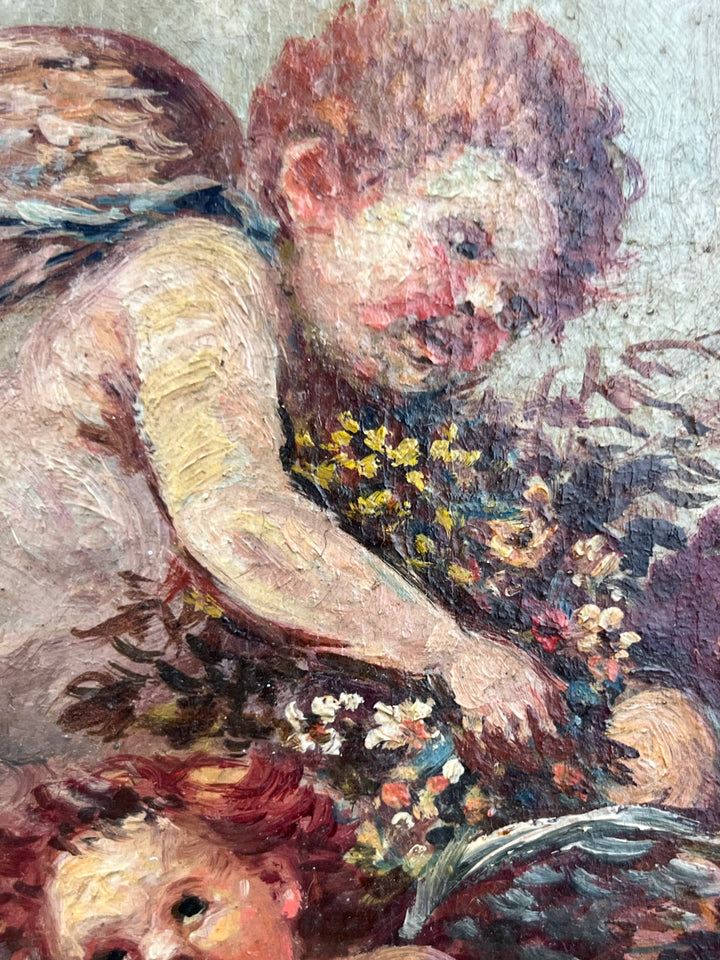 Quadro Ovale con Putti – Olio su Tela in Cornice Verde Dorata, Vintage