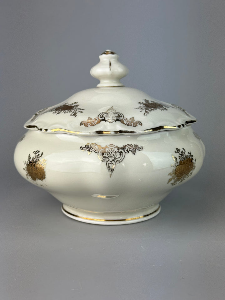 Scatola vintage in porcellana Bavaria con decoro floreale dorato