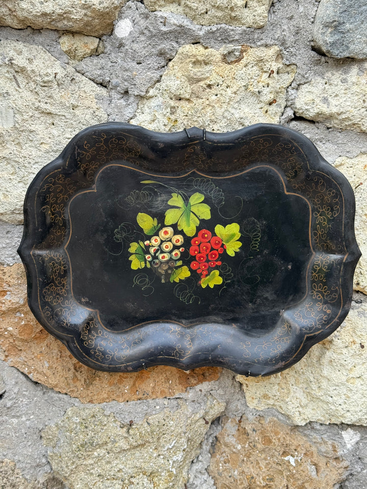 Set Vassoi vintage in metallo nero dipinti a mano con decorazioni floreali stile russo
