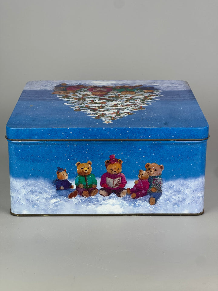 Scatola di latta natalizia vintage con orsetti e albero di Natale