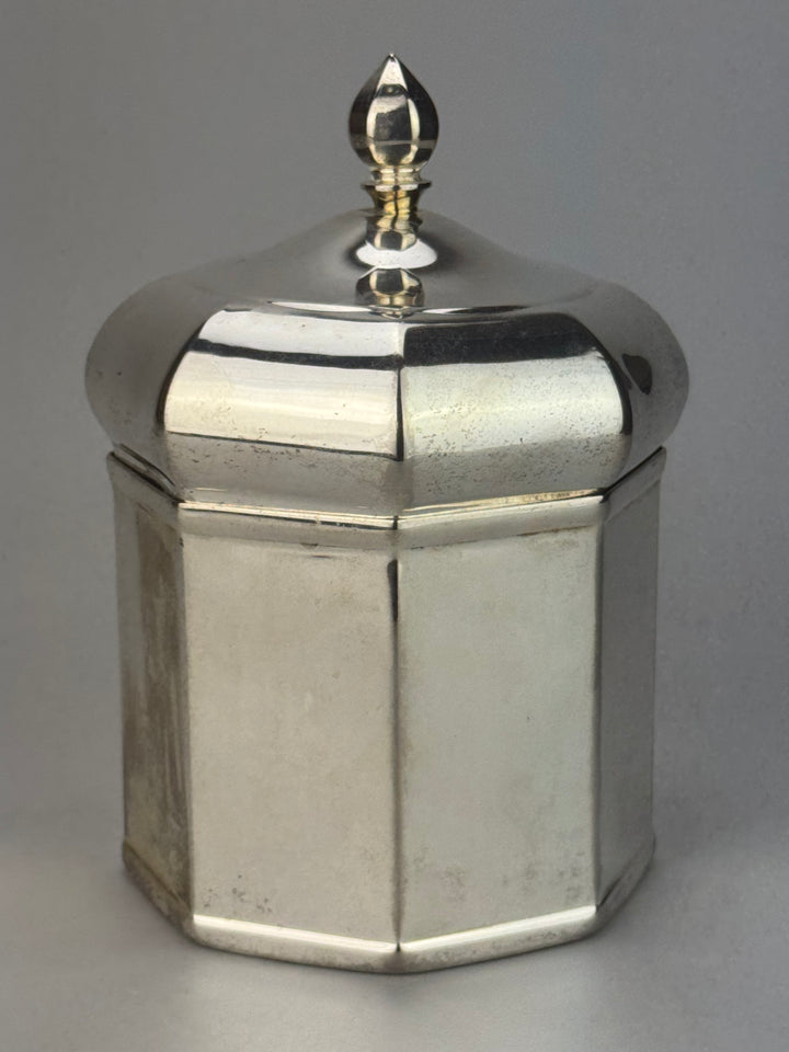 Barattolo ottagonale porta tè vintage in silverplate Olri