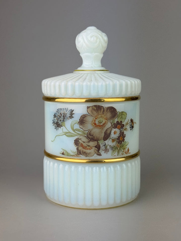 Porta bon bon vintage in vetro opalino bianco con decoro floreale