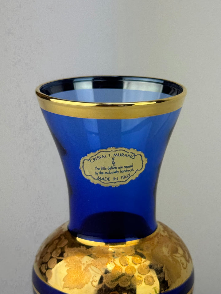 Vasetto in vetro blu con decoro dorato Murano