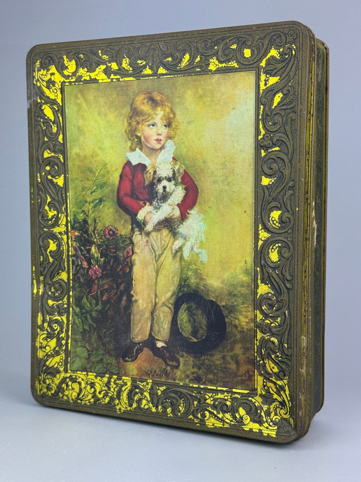 Scatola di latta vintage per torrone Rocco Scutellà e Figlio Bambino con cagnolino