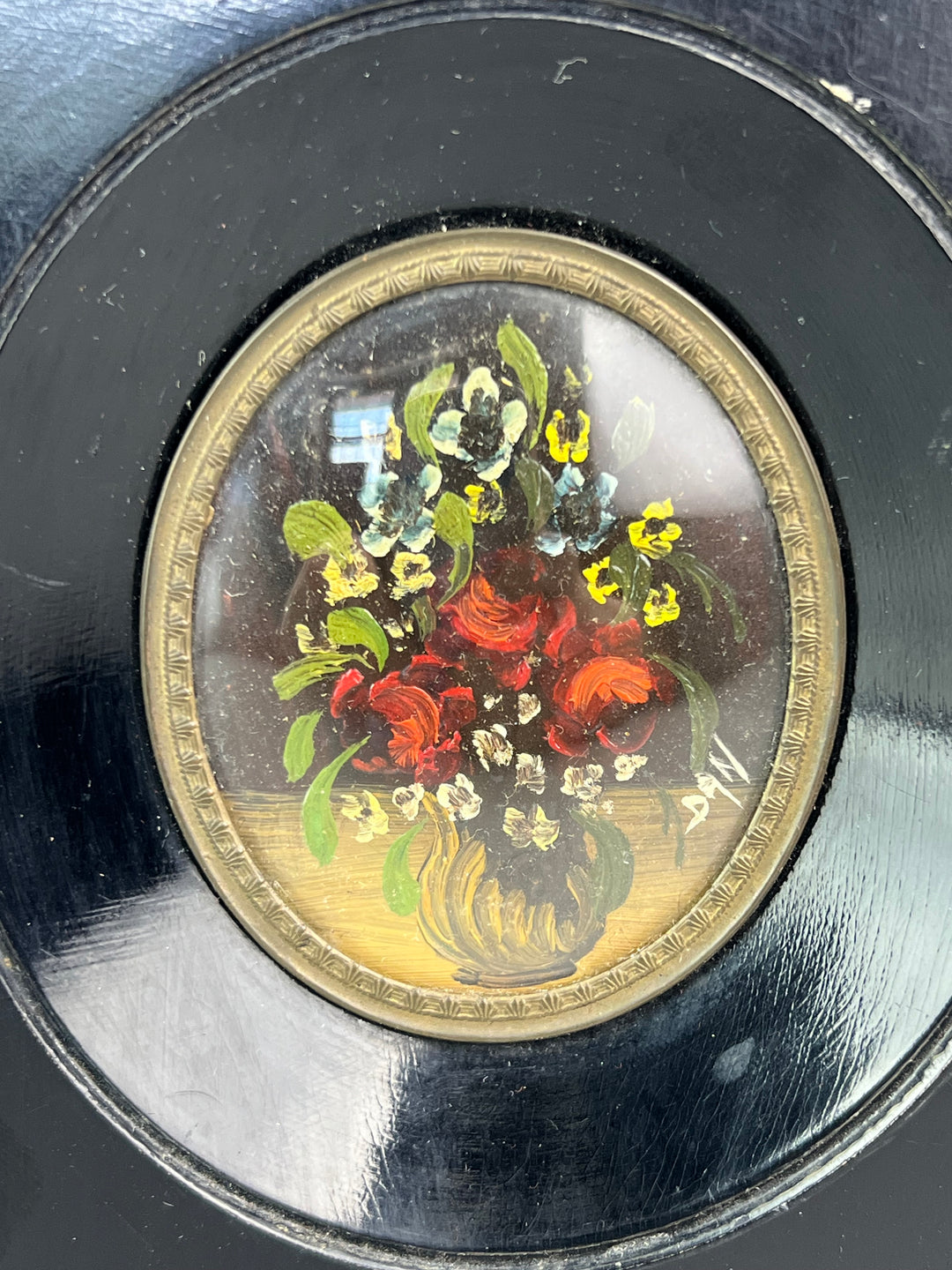 Piccolo dipinto a olio su rame raffigurante bouquet floreale