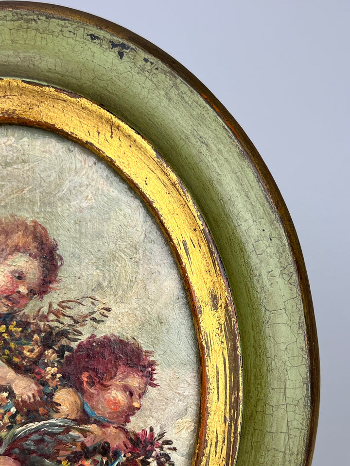 Quadro Ovale con Putti – Olio su Tela in Cornice Verde Dorata, Vintage