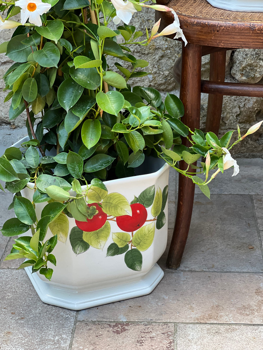 Cachepot ottagonale in ceramica decorato a mano con pomodori rossi e foglie verdi