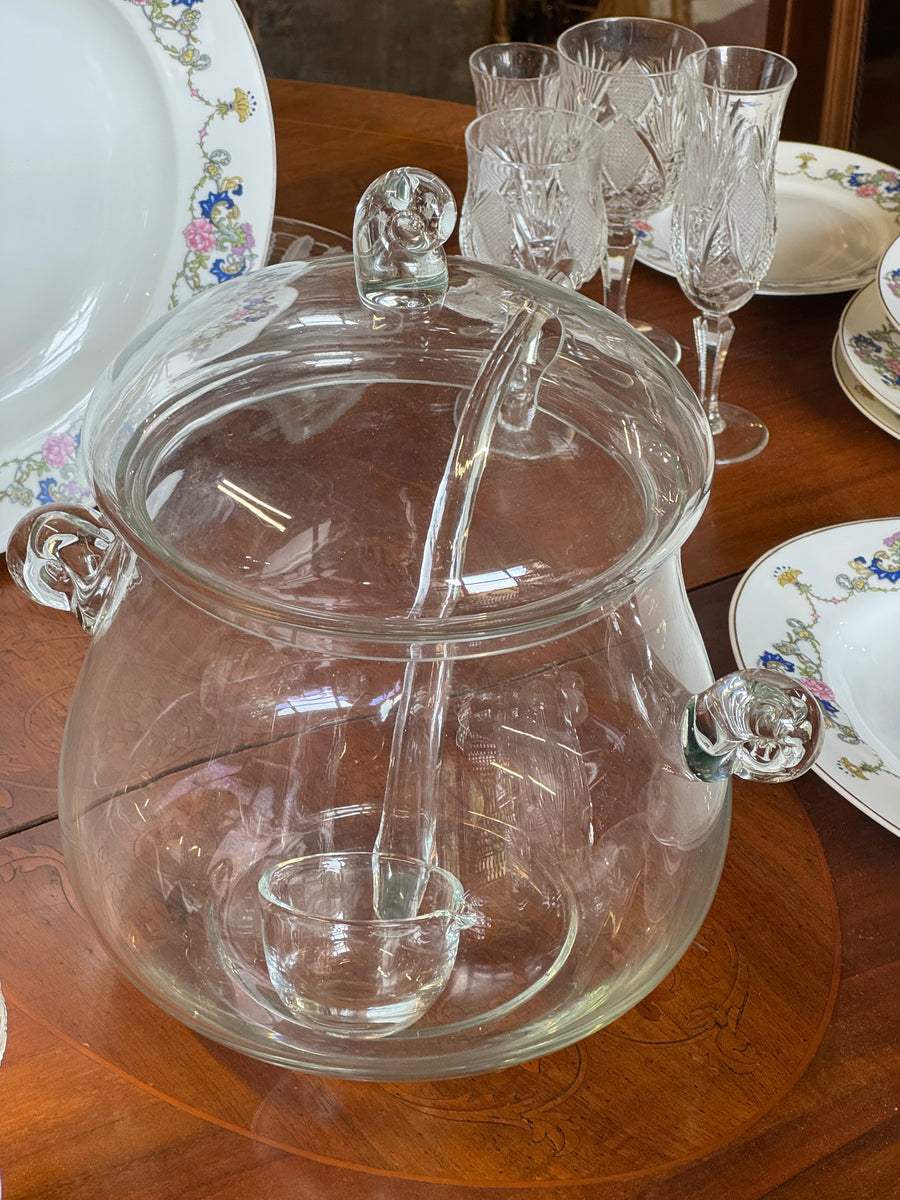 Ciotola vintage da punch in vetro con coperchio e mestolo