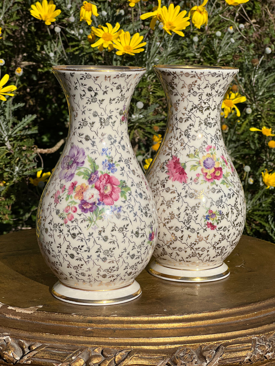 Coppia di vasi in porcellana Bavaria con decorazione floreale e bordo dorato