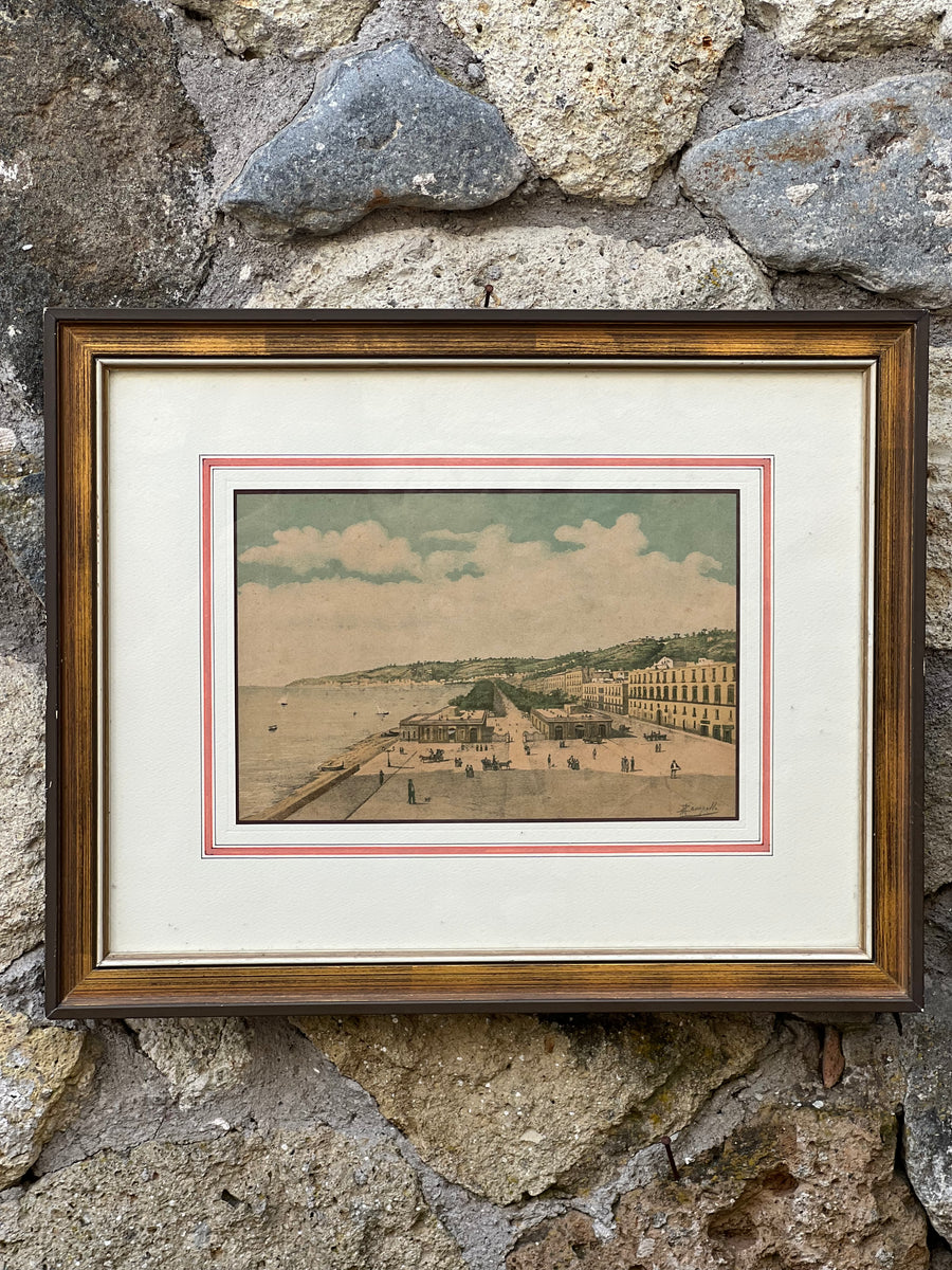 Cromolitografia antica Napoli Villa Nazionale con cornice