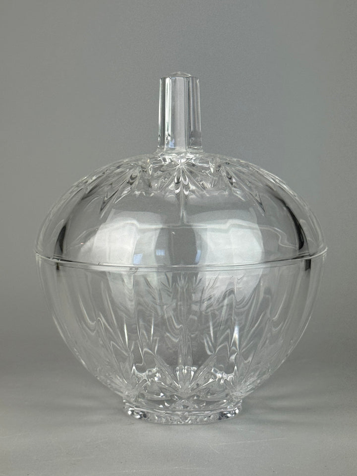 Scatola porta bon bon vintage in vetro trasparente decorato con coperchio
