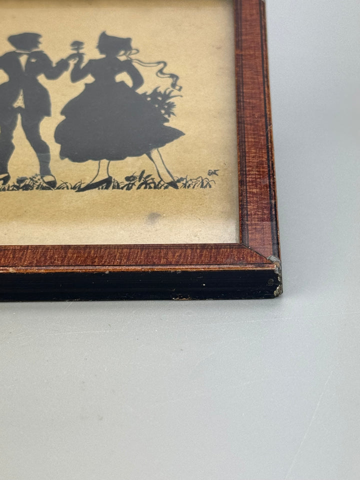 Quadretto silhouette coppia in stile vittoriano penna su carta con cornice in legno