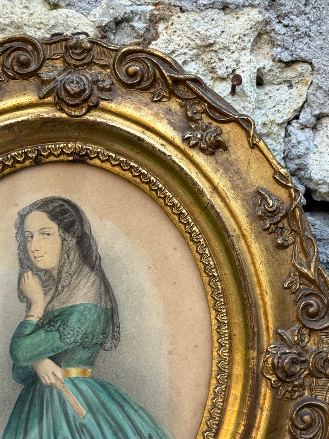 Ritratto Femminile antico ad acquerello e matita con cornice dorata