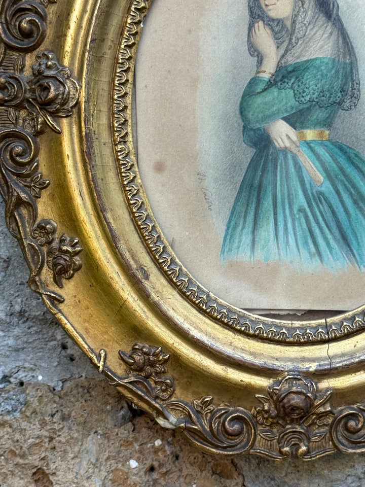 Ritratto Femminile antico ad acquerello e matita con cornice dorata