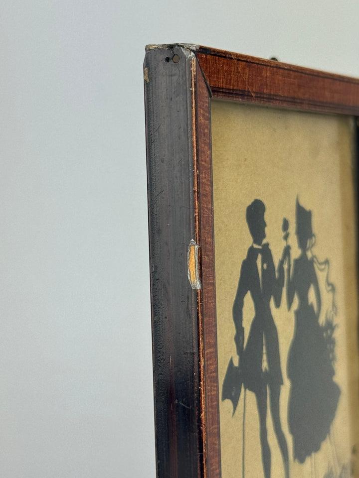 Quadretto silhouette coppia in stile vittoriano penna su carta con cornice in legno