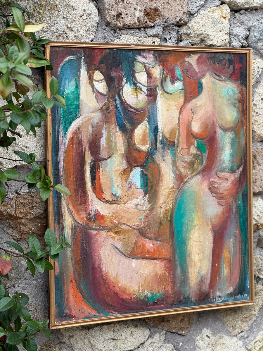 Dipinto firmato Tilake Abeysinghe con figure femminili stilizzate e colori espressionisti