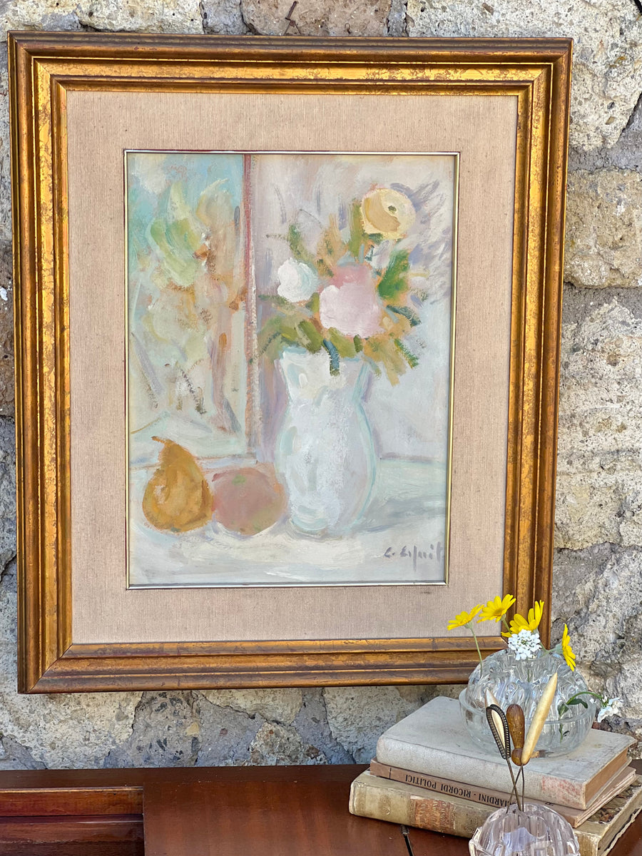 Dipinto a olio su tela con vaso di fiori e frutta, firmato, con cornice dorata