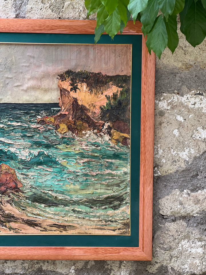 Quadro a olio raffigurante mare mosso e scogliera, con cornice in legno