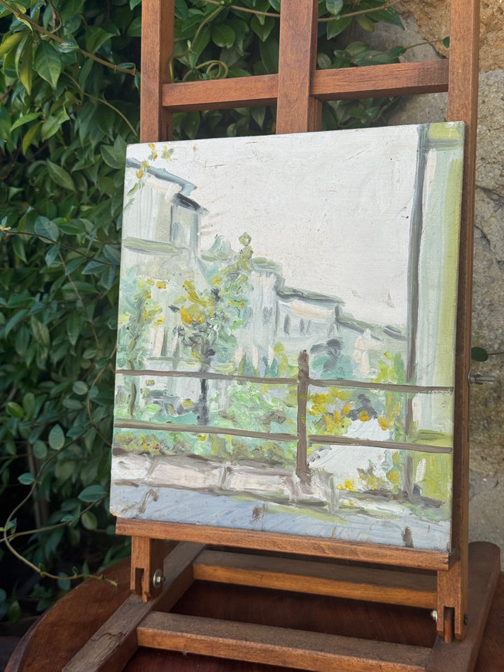Dipinto vintage su tavola con veduta urbana e terrazza