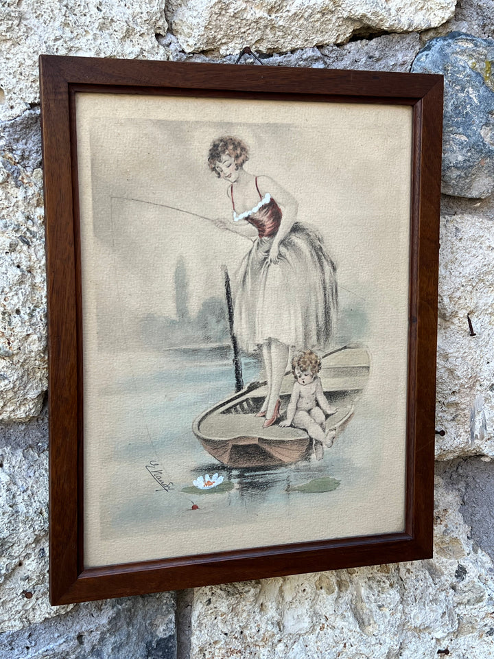 Disegno a matita acquarellato con donna su barca e putto, scena galante vintage