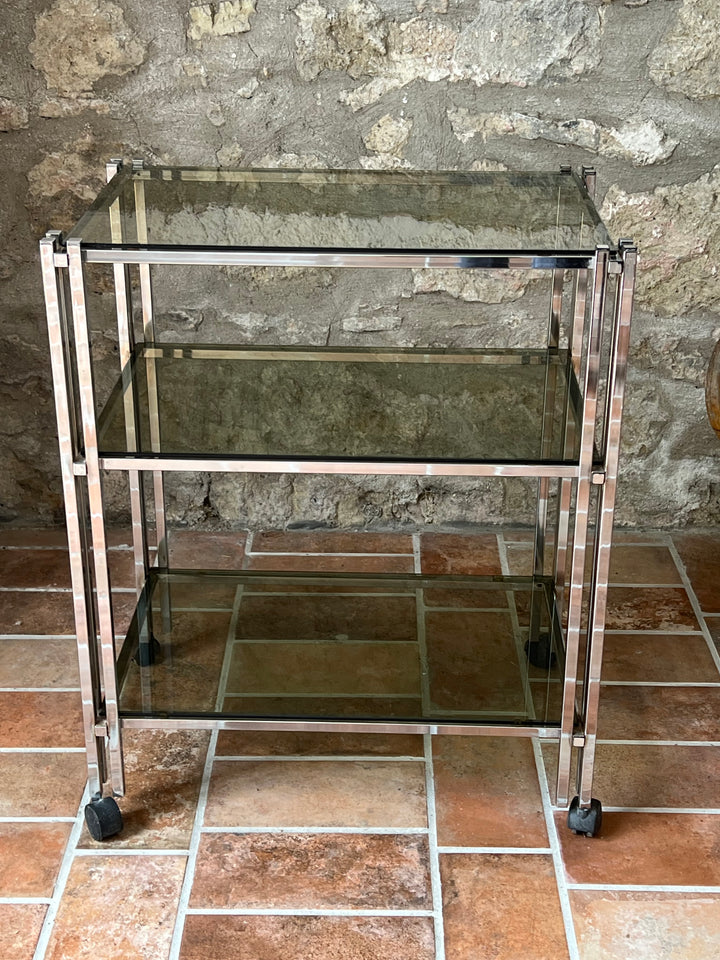 Carrello vintage in acciaio e vetro fumé – Anni '70