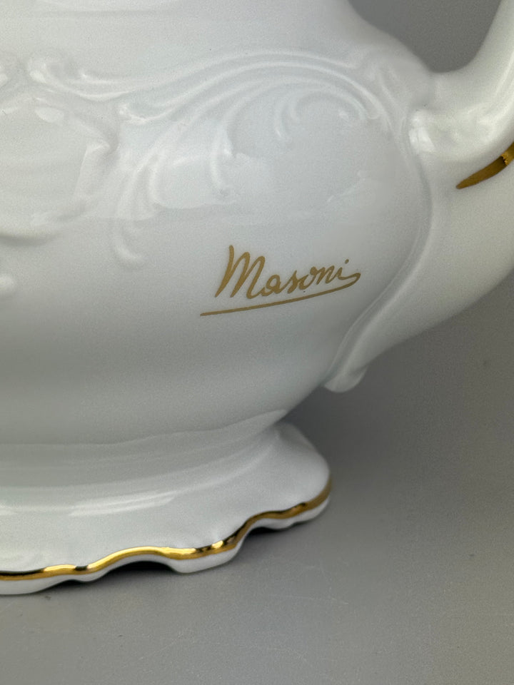 Servizio da tè vintage Masoni per 12 persone in porcellana bianca e oro
