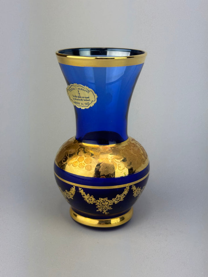 Vasetto in vetro blu con decoro dorato Murano
