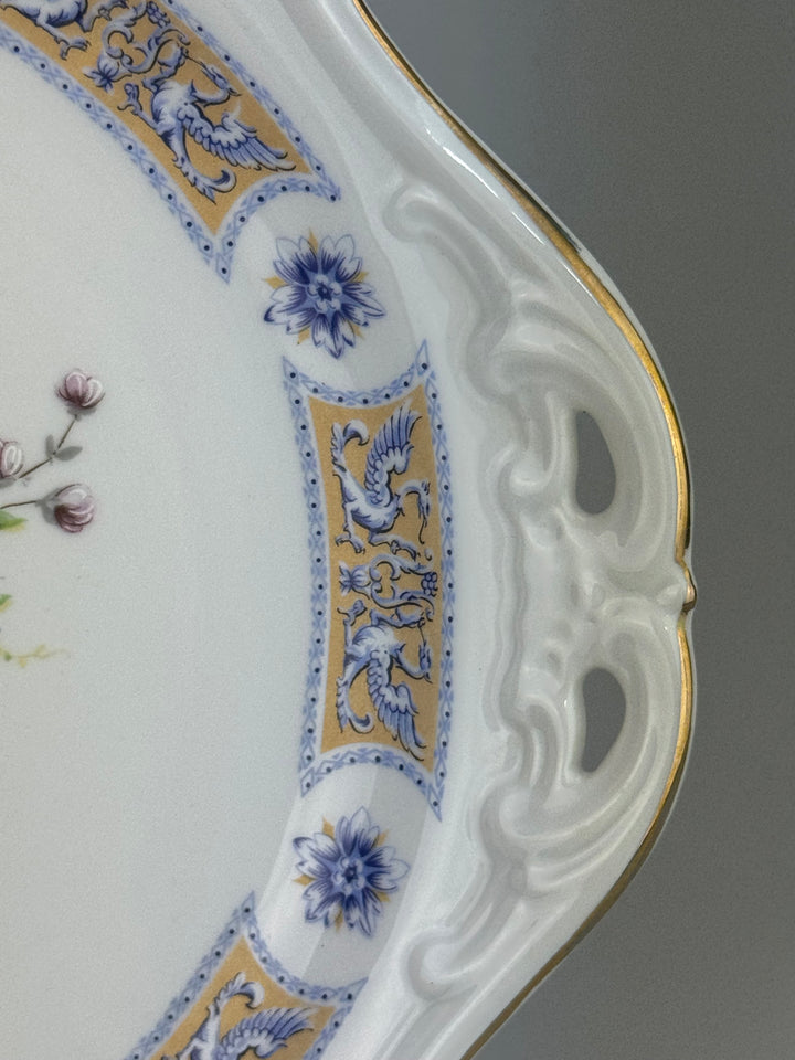Vassoio in porcellana St. Martin stile Vieux Limoges con uccello e decori floreali
