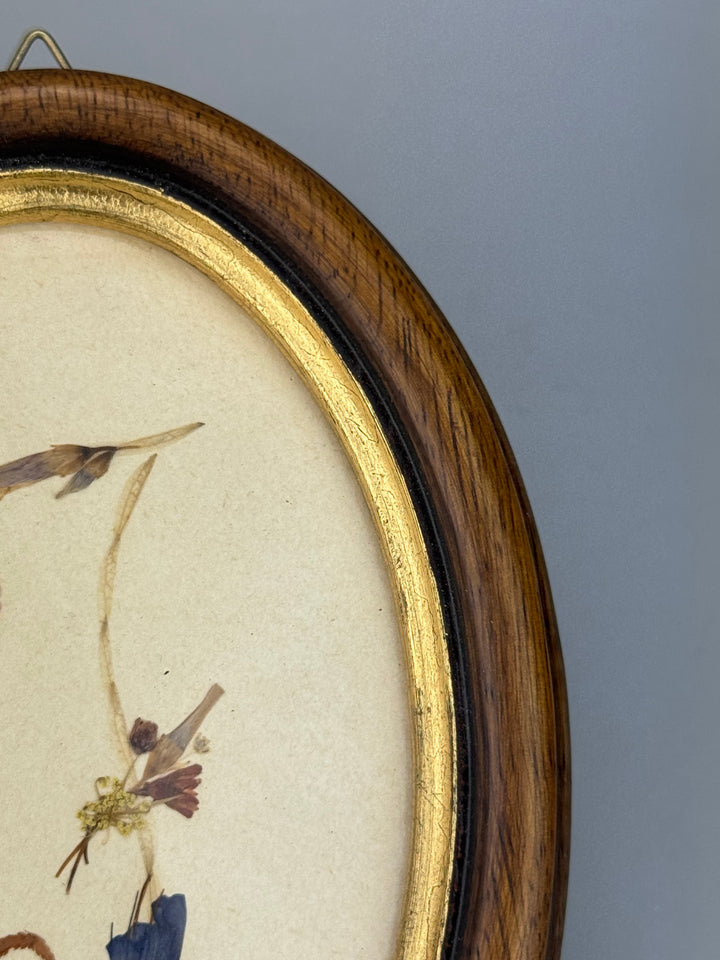 Quadretto ovale con iniziale “F” realizzata con fiori secchi pressati