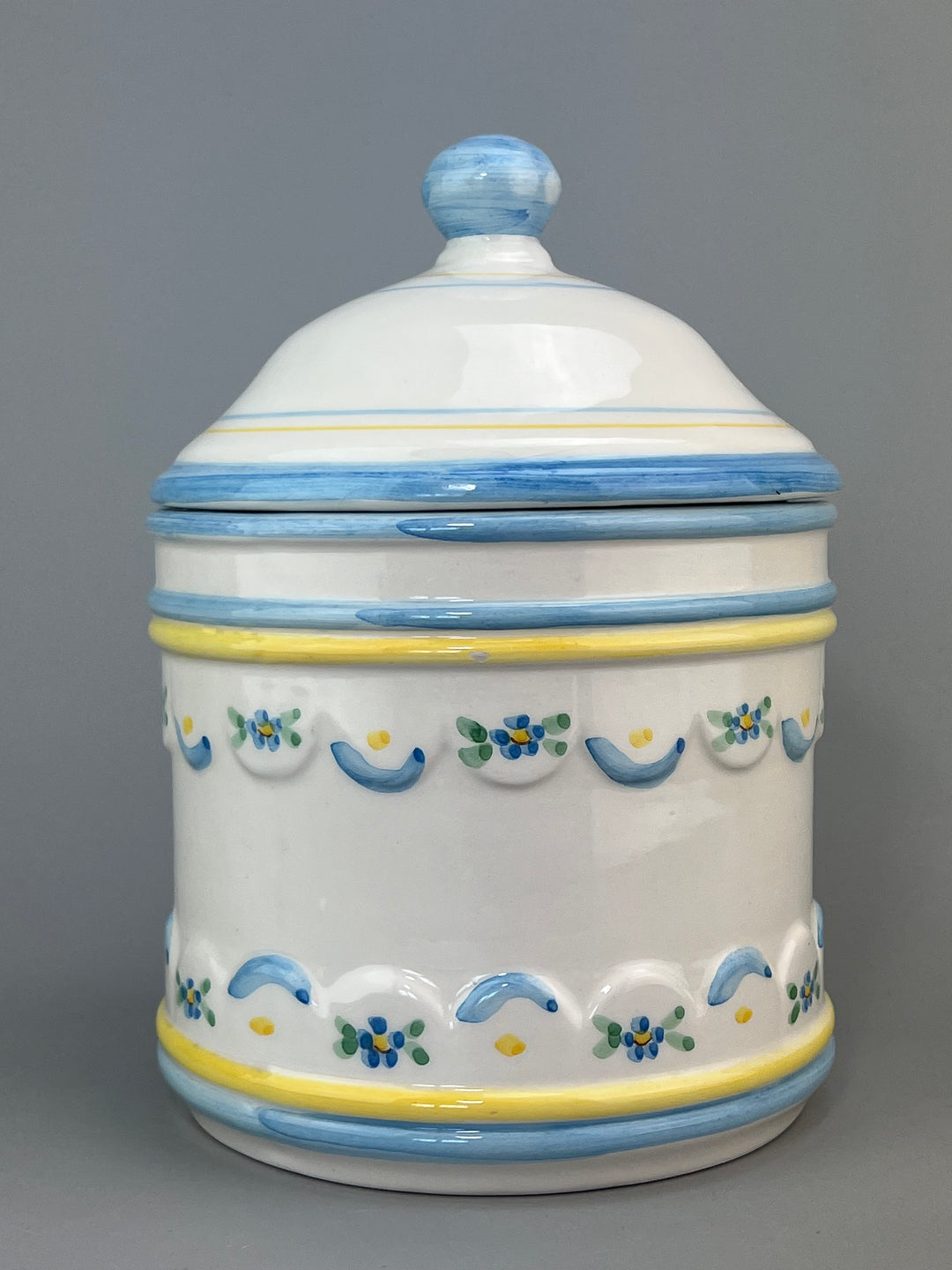 Barattolo portabiscotti in porcellana con decorazione blu e gialla