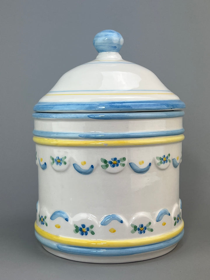 Barattolo portabiscotti in porcellana con decorazione blu e gialla