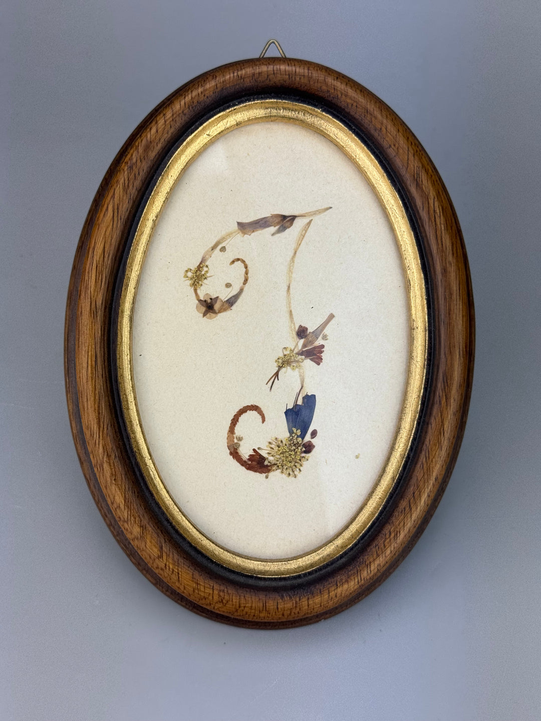 Quadretto ovale con iniziale “F” realizzata con fiori secchi pressati