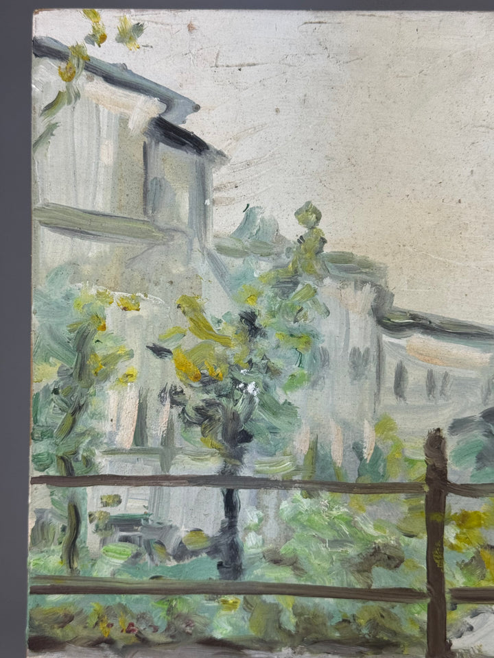 Dipinto vintage su tavola "Veduta urbana con terrazza"