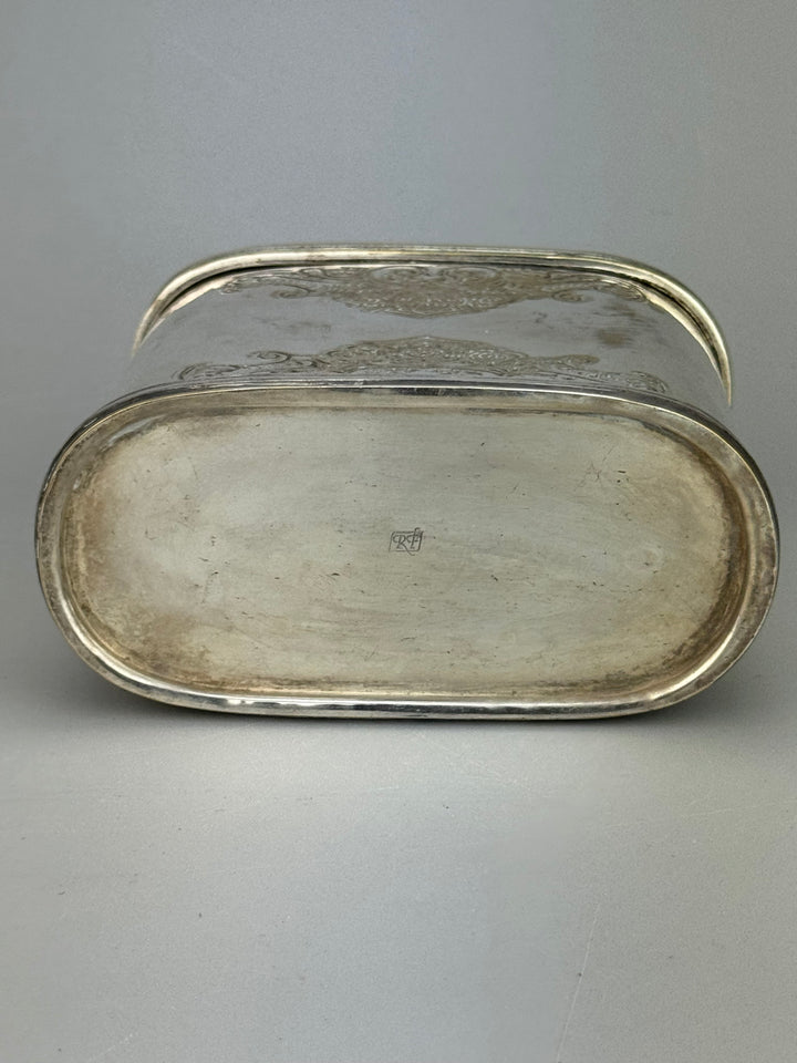 Scatola porta tè vintage in silverplate inciso