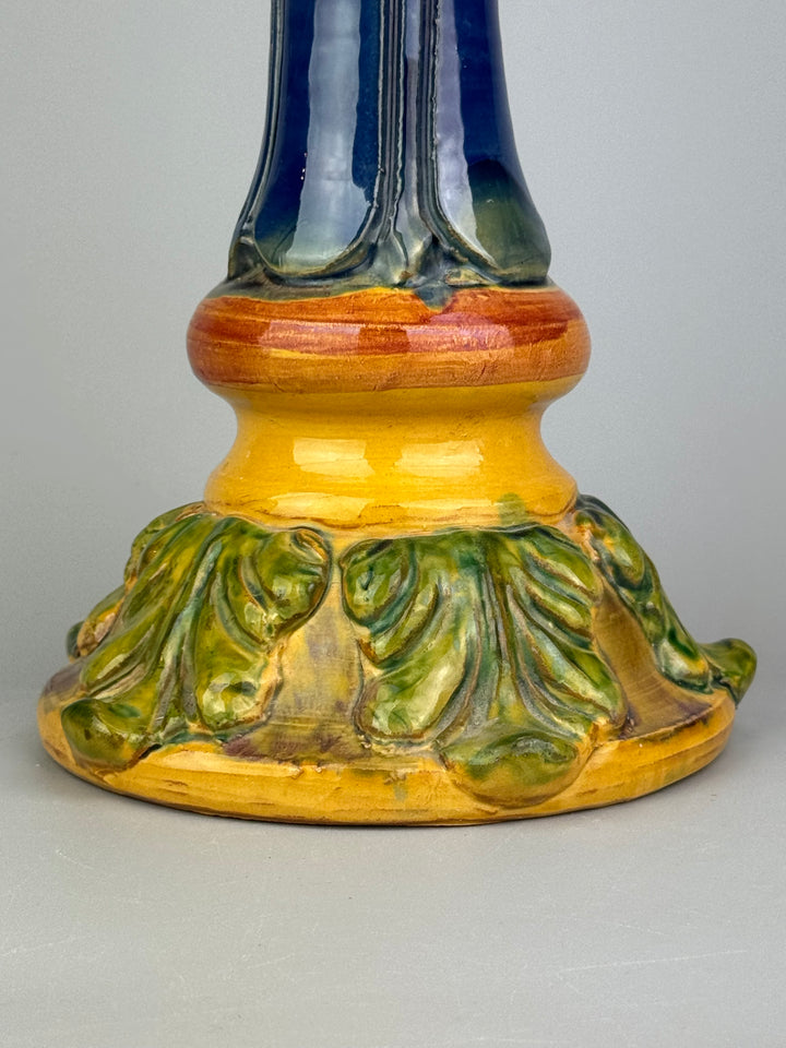 Grande portacandela vintage in ceramica policroma blu cobalto e decori fogliati
