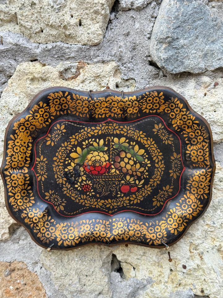 Set Vassoi vintage in metallo nero dipinti a mano con decorazioni floreali stile russo
