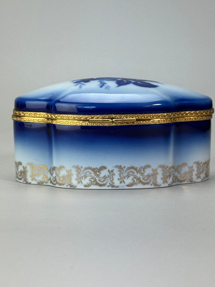 Scatola Portagioie porcellana Limoges decoro floreale blu dettagli dorati