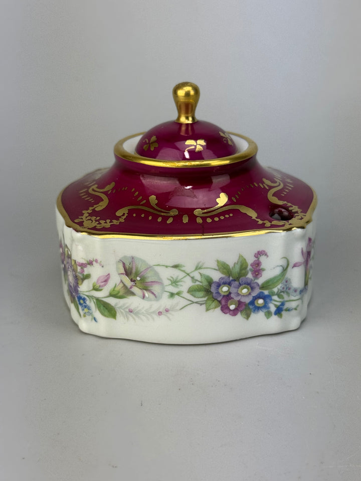 Calamaio in porcellana Limoges bordeaux e oro con decoro floreale
