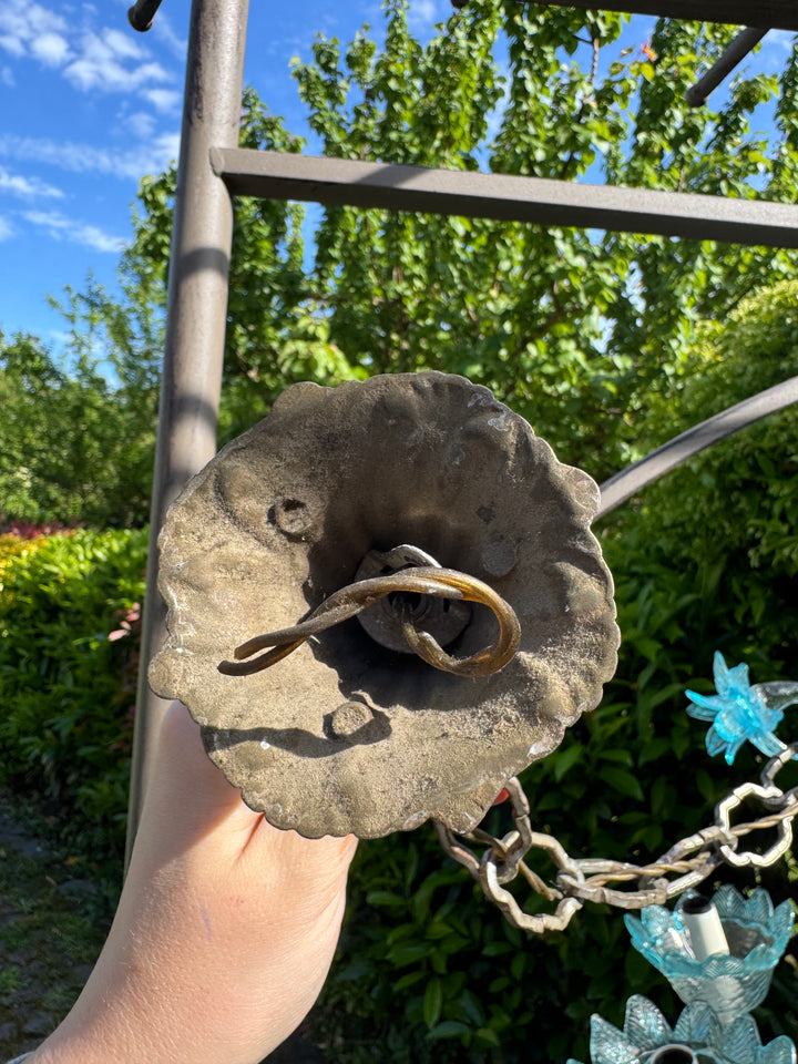 Lampadario a sei luci in vetro di Murano trasparente e  azzurro con fiori applicati