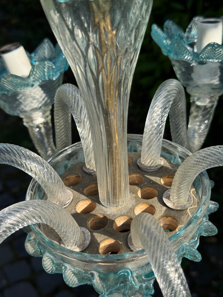 Lampadario a sei luci in vetro di Murano trasparente e  azzurro con fiori applicati