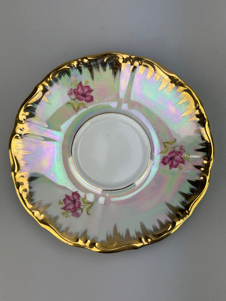 Servizio da tè Tirschenreuth Bavaria per 12 persone in porcellana iridescente con oro e decoro floreale