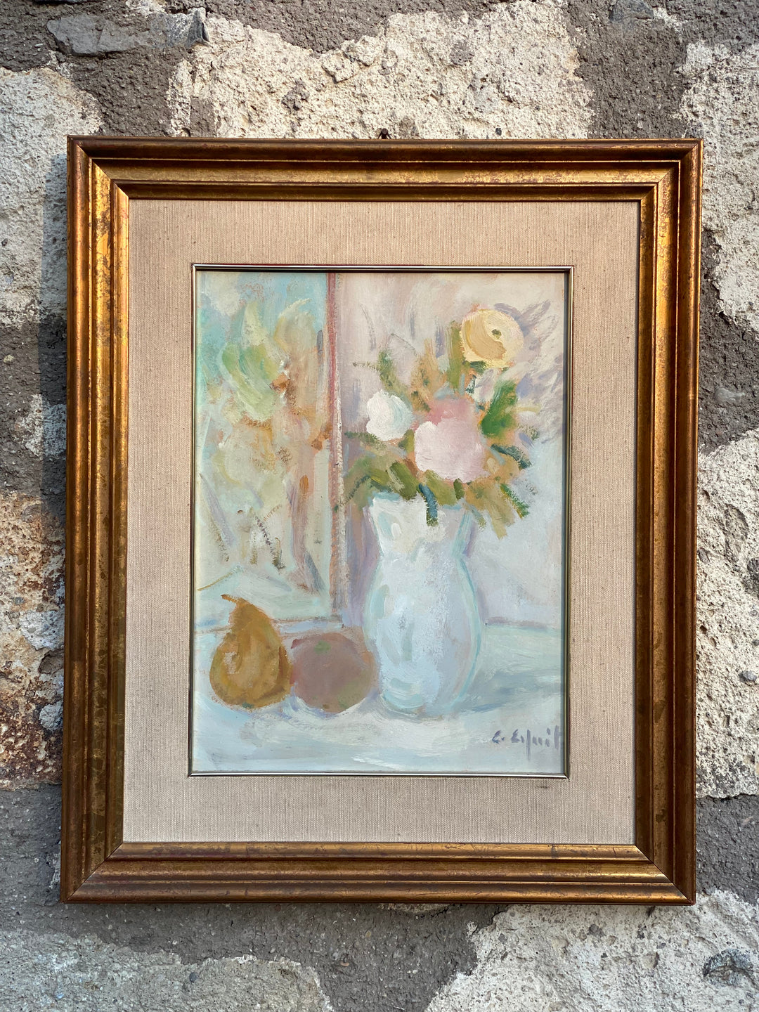 Dipinto a Olio su Tavola – Natura Morta con Fiori e Frutti, Firmato