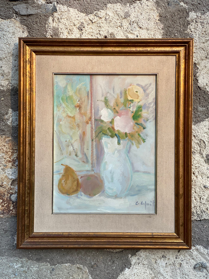 Dipinto a Olio su Tavola – Natura Morta con Fiori e Frutti, Firmato